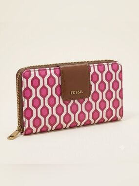 Fossil Pink Geometric Zip-Around Wallet with Brown Trim